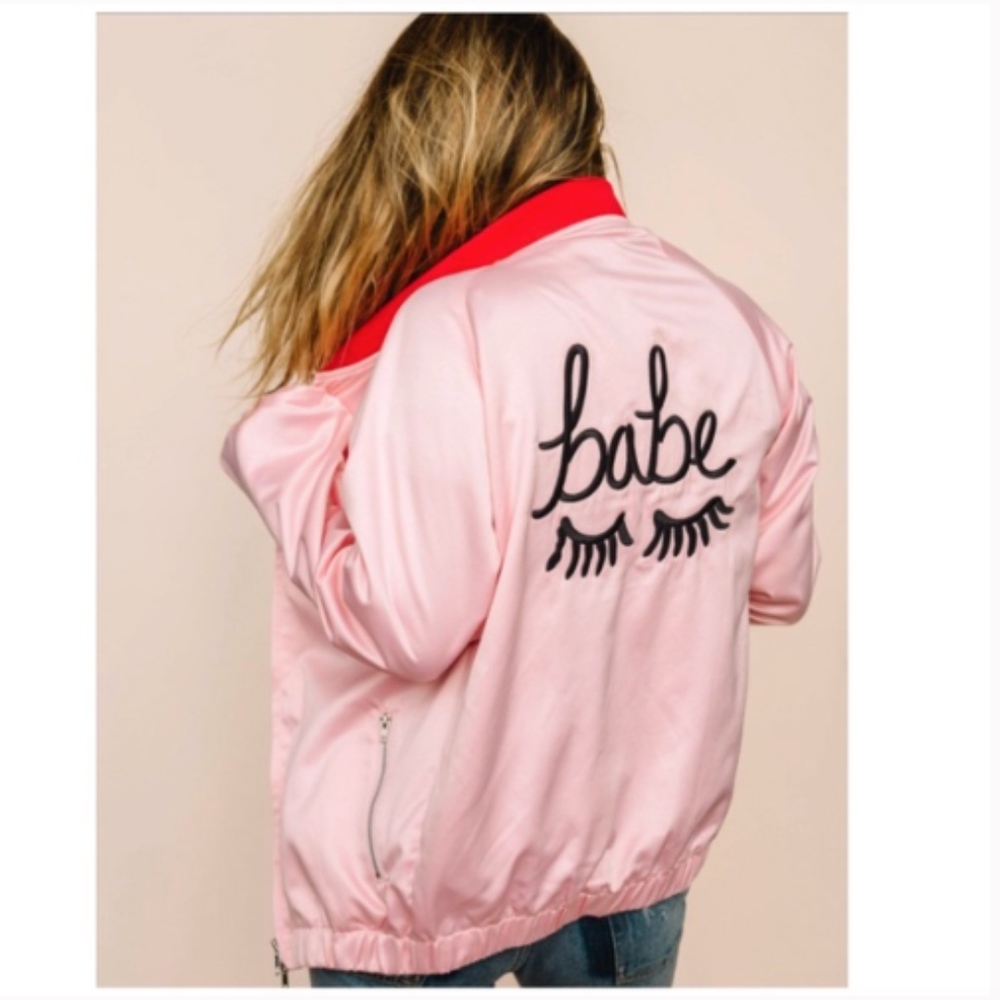 The Babe Eyelash Pink Satin Bomber Jacket